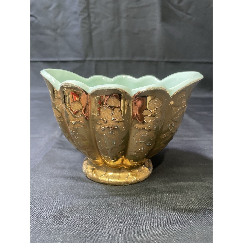 Vintage Haeger USA 24KT Gold Planter 6" Scalloped Rim Mint Green MCM